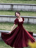 French Vintage Burgundy Evening Party Dress Women Summer Elegant Romantic Prom Vestidos Korean A-line Graduation Dresses