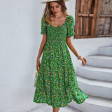 Spring Summer Long Print Dress Women Bohemian Short Sleeve High Waist Flroal Dresses For Ladies Leisure