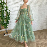 Fairy Forest Green Lace Prom Party Dresses Puffy Sleeves Colorful Flowers Appliques Formal Gowns Ankle Length Evening Gown