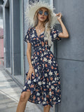 Chiffon Dress Summer Dress  Retro Yellow Red Floral Print Female Casual V-neck Short-sleeved A-line Beach Long Robe Dress