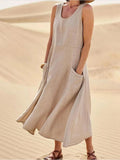 Summer Women Sleeveless Sundress Elegant Round Neck Cotton Linen Solid Long Tank Dress Vintage Pockets Beach Vestidos