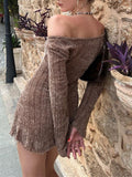 Y2K Off Shoulder Ribbed Brown Sweater Dress Retro Streetwear Long Sleeve A-line Knit Mini Dresses