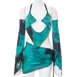 Sexy 90s Clubwear Tie Dye Blue 2 Piece Suits Y2K Rave Hollow Out Flare Sleeve Backless Halter Tops Wrap Skirt Co-ord Set