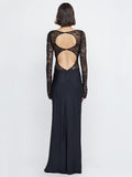 Sexy Hollow Out Backless Black Long Sleeve Maxi Dress Women Prom See-through Lace Splicing Side Slit Party Dresses New Autumn