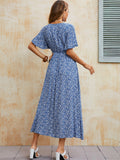 Vintage Boho Print Summer Dress Women Casual Blue Elastic Waist Bohemian Beach Sundress Women Dress Robe Vestidos Female