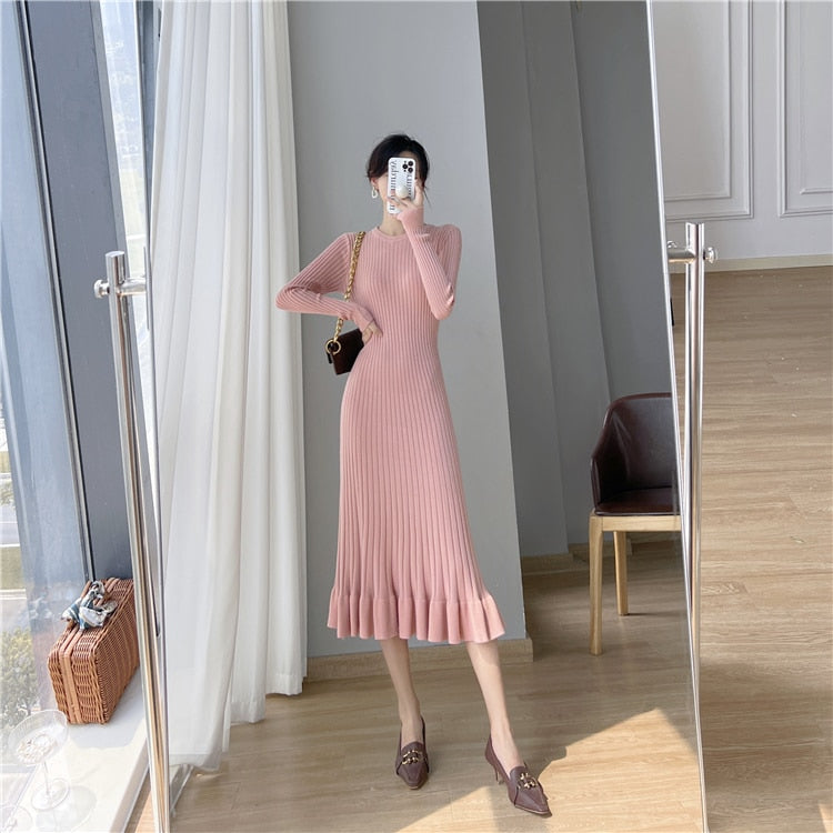 Thick Mermaid O-Neck Long Sweater Maxi Dress for Women Elegant Casuals Female A-line Slim Sexy Knitting Dress Autumn Winter