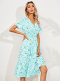 Chiffon Dress Summer Dress  Retro Yellow Red Floral Print Female Casual V-neck Short-sleeved A-line Beach Long Robe Dress