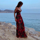 Darianrojas Women Sexy Boho Floral Holiday Long Maxi Dress Summer Evening Party Mesh Sundress Vacation Spaghetti Strap A-line Dresses Robes