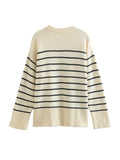 Women Classical Striped Print Casual Loose Knitting Sweater Female Long Sleeve Chic Side Split Leisure Tops CT2203