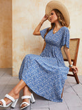 Vintage Boho Print Summer Dress Women Casual Blue Elastic Waist Bohemian Beach Sundress Women Dress Robe Vestidos Female