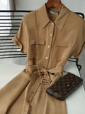 Summer New Light Luxury Imitation Mulberry Silk Shirt Skirt Over-the-knee Lace-up Dress Single-breasted Work Dress Office