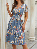 Chiffon Dress Summer Dress  Retro Yellow Red Floral Print Female Casual V-neck Short-sleeved A-line Beach Long Robe Dress