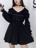 Large Size Gothic Women Black Mini Dress Sexy Off Shoulder High Waist Tunic Ladies Party Dress Long Sleeve V Neck Vestidos