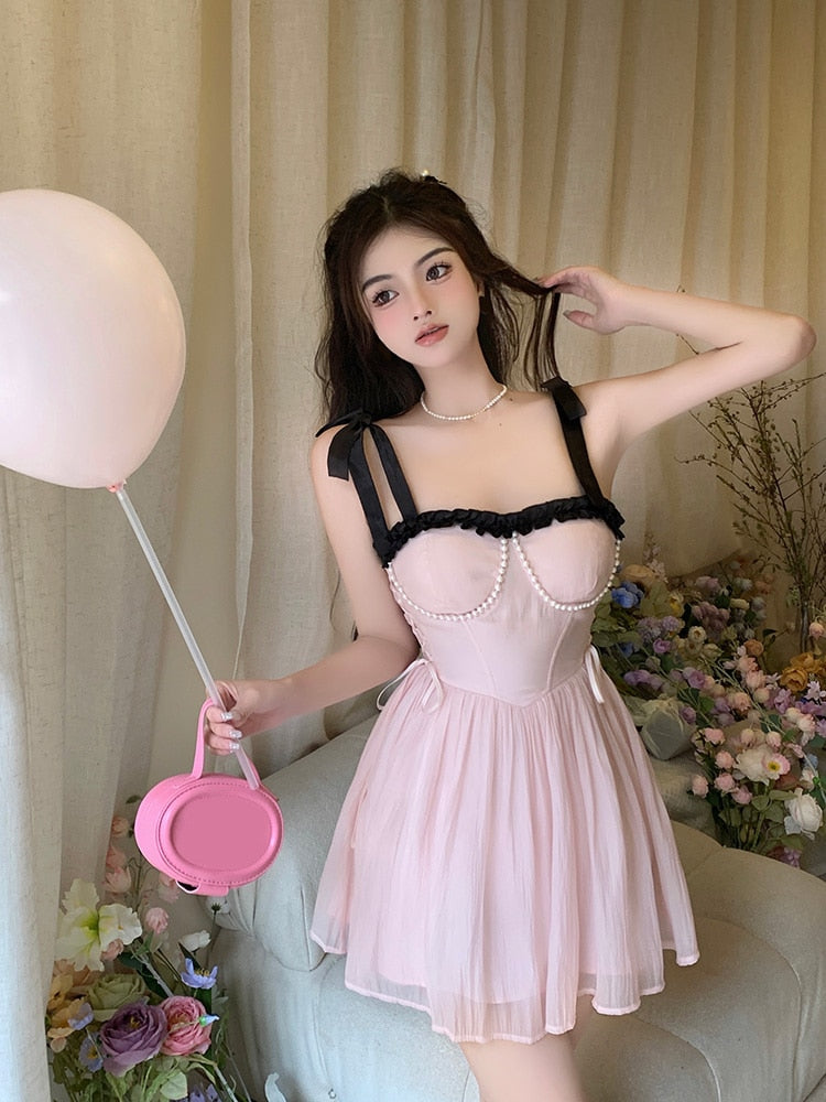 Darianrojas New Summer Dress French Style Princess Straps Dress High Waist Thin Pink Sweet Short Fairy Dress Female Sundress Bestidos