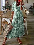 Long Dress Women Summer Vintage Floral Print V Neck Half Sleeve Dresses Female Casual Drawstring Loose Beach Dress