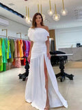 Women's Summer Maxi Dress Fashion Casual With Solid Nipped Waist Slim Slanted Shoulders Pleated Slit Evening Party Dresses