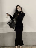 Vintage Black Bodycon Dress Retro Evening Party Elegant Wrap Long Sleeve Dresses for Women  Autumn Fall V-neck Polo