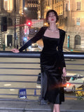 Darianrojas High Quality Spring New Women Elegant Long Black Velvet Dress Sexy Prom Evening Party Birthday Club Fashion  One Piece Clothing