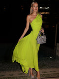 One Shoulder Green Pleated Maxi Dress Summer Women Sleeveless Cinched Waist Solid Color Elegant Party Evening Dresses