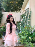 Lolita Sweet Y2k Mini Dress Woman Pink Kawaii Long Sleeve Dress Party  Summer Elegant One Piece Dress Korean Fashion Chic