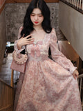 Pink Kawaii France Vintage Dress Women Floral Print Elegant Evening Party Midi Dresses Lace Bubble Sleeve Retro Sweet Dress