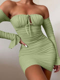 Sexy Boob Tube Top Lade-up Push Up Long Sleeve Dress Flounce Sleeve Bodycon Ruched Mini Dress Women Off Shoulder Dresses
