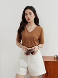 Solid V-Neck Women T-shirt Temperament Simple Short Sleeve Summer  Versatile Slim Top For Women Female Round Neck Tees