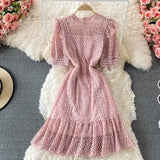 SMTHMA  Fashion Summer Lace Dress Female Hollow Out High-End Temperament Sweet Elegant Ruffle Dresses Vestidos