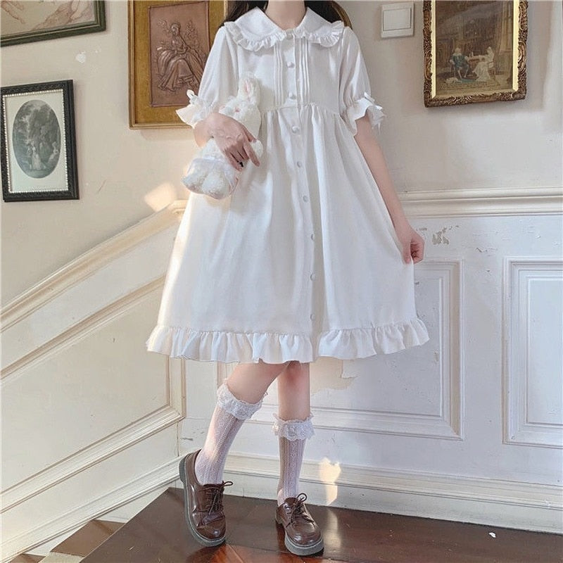 Darianrojas White Kawaii Lolita Dress For Girls Soft Princess Fairy Peter Pan Collar Dress Japanese Style Cute Puff Sleeve Party Dress