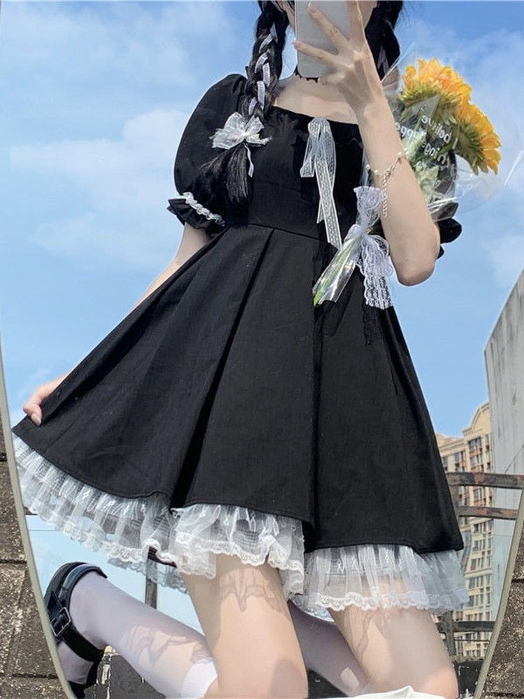 Darianrojas Kawaii Gothic Lolita Dress Women Goth Harajuku Cute Lace Black Puff Sleeve Short Dresses School Jk Summer Girls