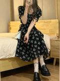 Vintage Black Square Collar Bandage Puff Sleeve Print Chiffon Midi Maxi Dresses for Women Party Dress Korea Clothing Summer