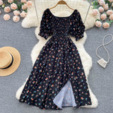 YuooMuoo Fast Shipping Women Dress Fashion Romantic Floral Print Split Long Summer Dress Puff Sleeve Party Korean Vestidos