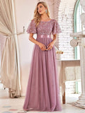 Women's Burgundy A-Line Sequin Mesh Leaf Maxi Prom Dress Sparkle Evening Dresses O-Neck Short Sleeve Long Dress