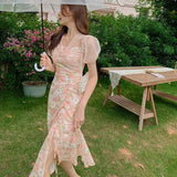 Darianrojas Summer Vintage Off the Shoulder Spaghetti Strap Dress Women Streetwear Print Chiffon High-end Ruffles Vacation Dress
