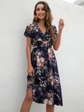 Chiffon Dress Summer Dress  Retro Yellow Red Floral Print Female Casual V-neck Short-sleeved A-line Beach Long Robe Dress