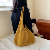 Darianrojas Handmade Lady Retro Chic Crochet Handbag Korean Fashion Knitted Braid Hollow Black Yellow Top-handle Tote Bag shopper sac
