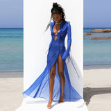 Sexy V Neck Black Perspective Ruffle Dress For Women Summer  Elegant Long Sleeve Split Party Maxi Dresses vestidos A1942
