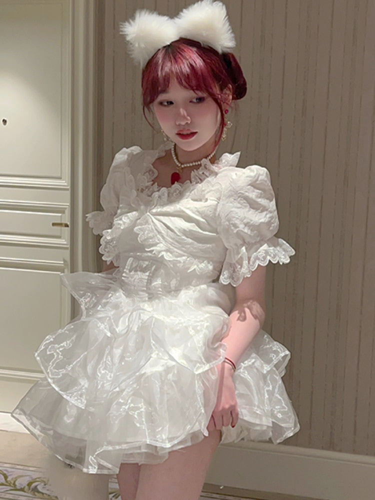 White Japanese Kawaii Lolita Dress Women Korean Sweet Party Mini Dress Sumemr  Casual Princess Vintage Elegant Fairy Dress