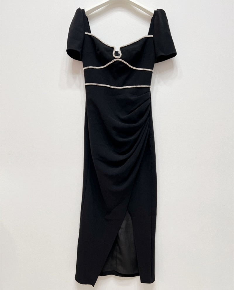 New Fashion Square Collor Short Sleeve Diamond Women Midi Dress Sexy Backless Slit Party Dress
