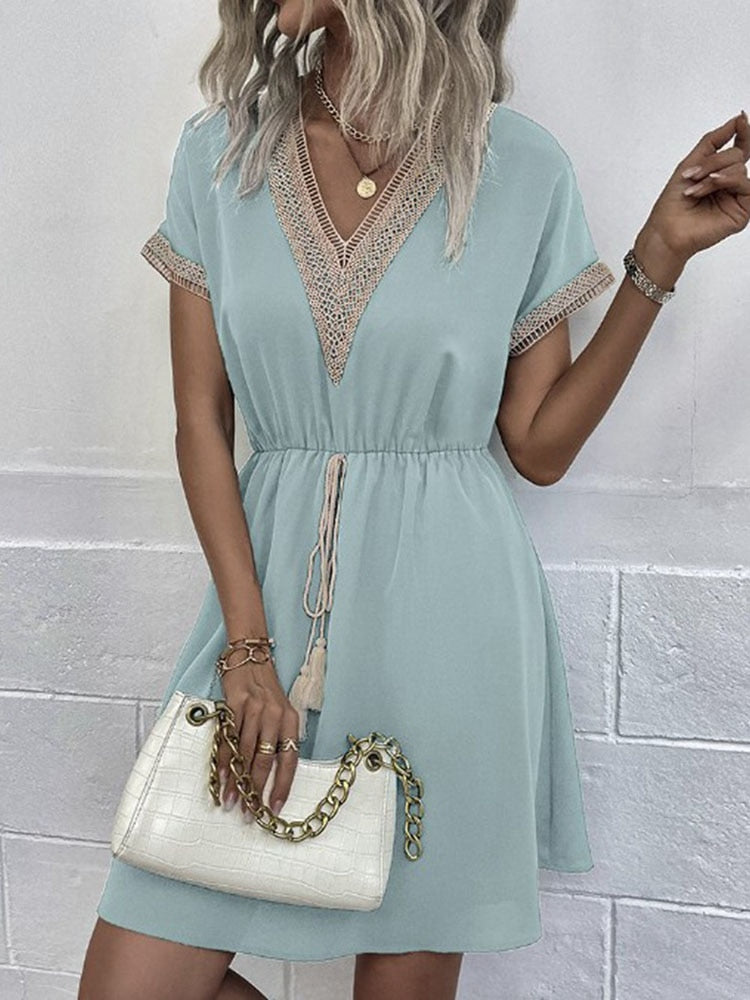Women's Dresses Summer Fashion Lace Lace Stitching V Neck Loose Lace Up Bohemian Vacation Woman Basic Short Sleeved Vestidos