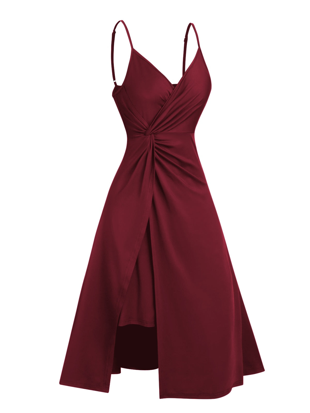 Plain Color Twisted Slit Plunging A Line Midi Dress Solid Color Casual High Waist Vestido Feminino