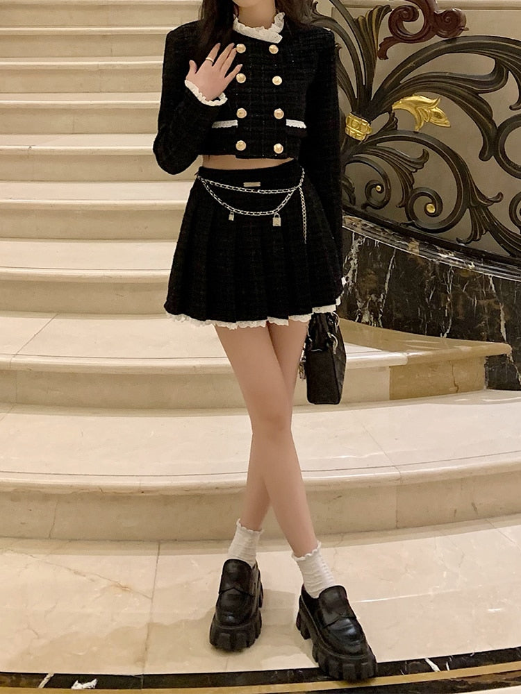 Autumn Elegant Two Piece Skirt Set Women Button Pleated Y2K Mini Skirt Suit Female Casual Korean Fashion Designer Skirt Set