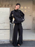 Vintage Y2K Black Joggers Sweatpants Women Retro Streetwear Hip Hop Tracksuit Oversize Zipper Jackets Harajuku Pants Set