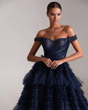 Darianrojas Gorgeous Ruffled Tulle Prom Dresses Long A Line Off the Shoulder Tiered Floor Length Evening Gowns Formal Party Dress