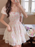 Print Floral Kawaii Sweet Dress Women Red Christmas Elegant Party Mini Dress Off Shoulder France Cute Strap Dress Fairy