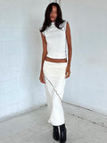 Y2K Slim Maxi Skirt Set Women Turtleneck Short Sleeve Tops and Long Skirt 2 Piece Set Summer Casual Dress Set White Streetwear