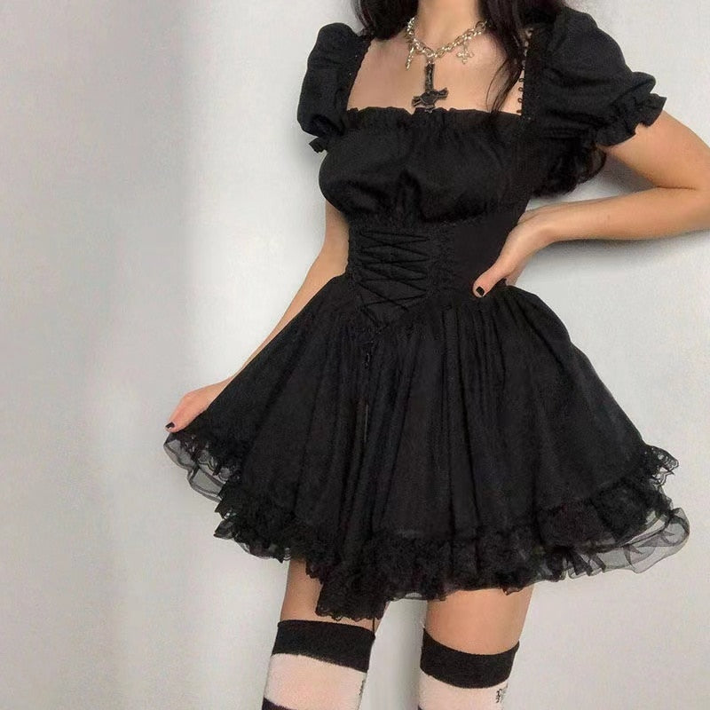 Darianrojas Lolita Black Dress Goth Aesthetic Puff Sleeve High Waist Vintage Bandage Lace Trim Party Gothic Clothes Summer Dress Woman