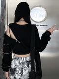 Techwear Goth Cropped Hoodies Women Harajuku Off Shoulder Oversize Sweatshirts Black Zip Up Top Hip Hop Streetwear Punk