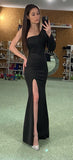 Long Black Dress Women One Shoulder Party Maxi Dress Soft Satin Sexy Slit Evening Dress