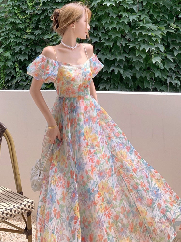 Darianrojas Summer Floral Design Elegant Midi Dresses Women Short Sleeve Vintage Strap Dresses One Shoulder One Piece Dress